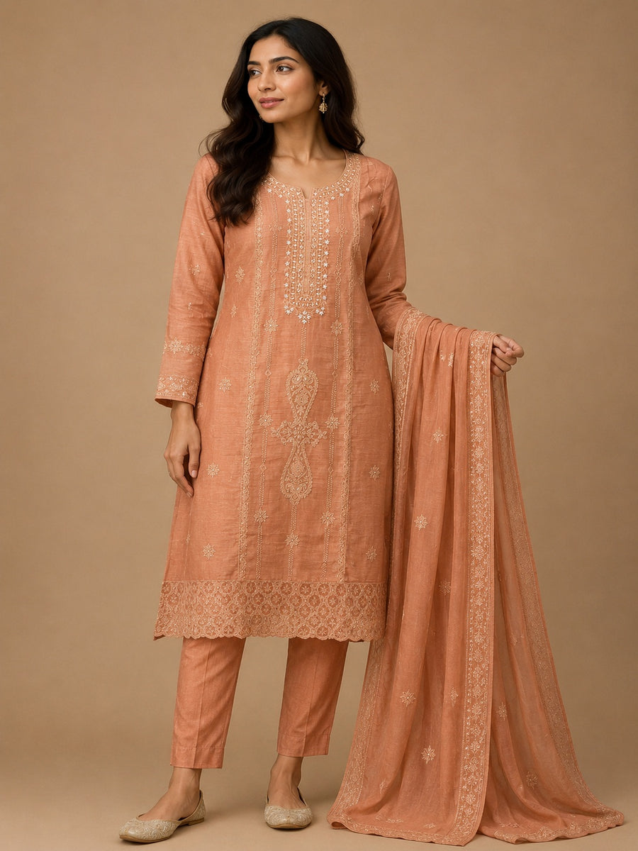 Rust Mal Chanderi Unstitched Dress Material with White Floral Embroidery