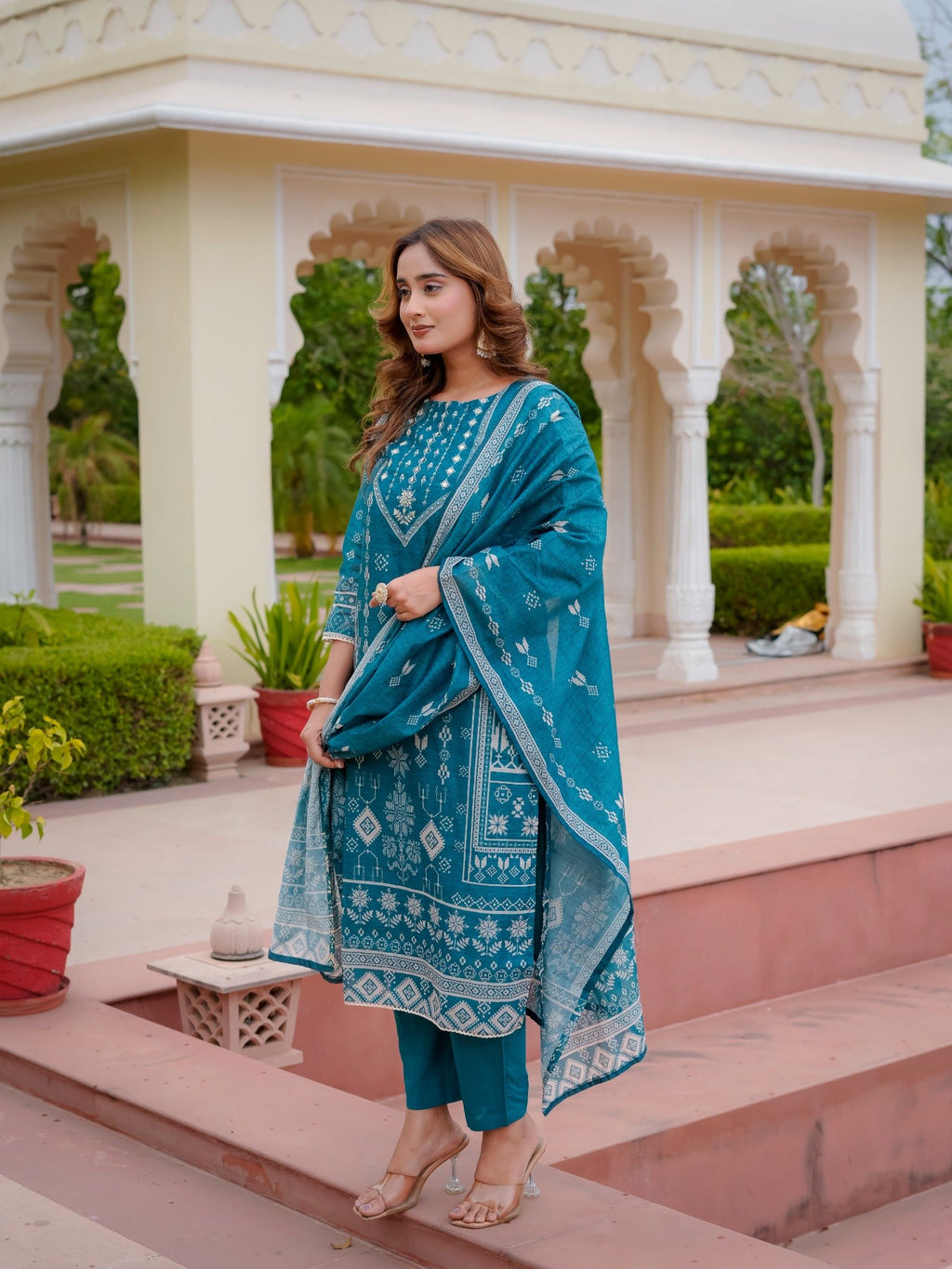House of Sdaa Teal Blue Printed Kurta Set ,HSDAASKBC000004