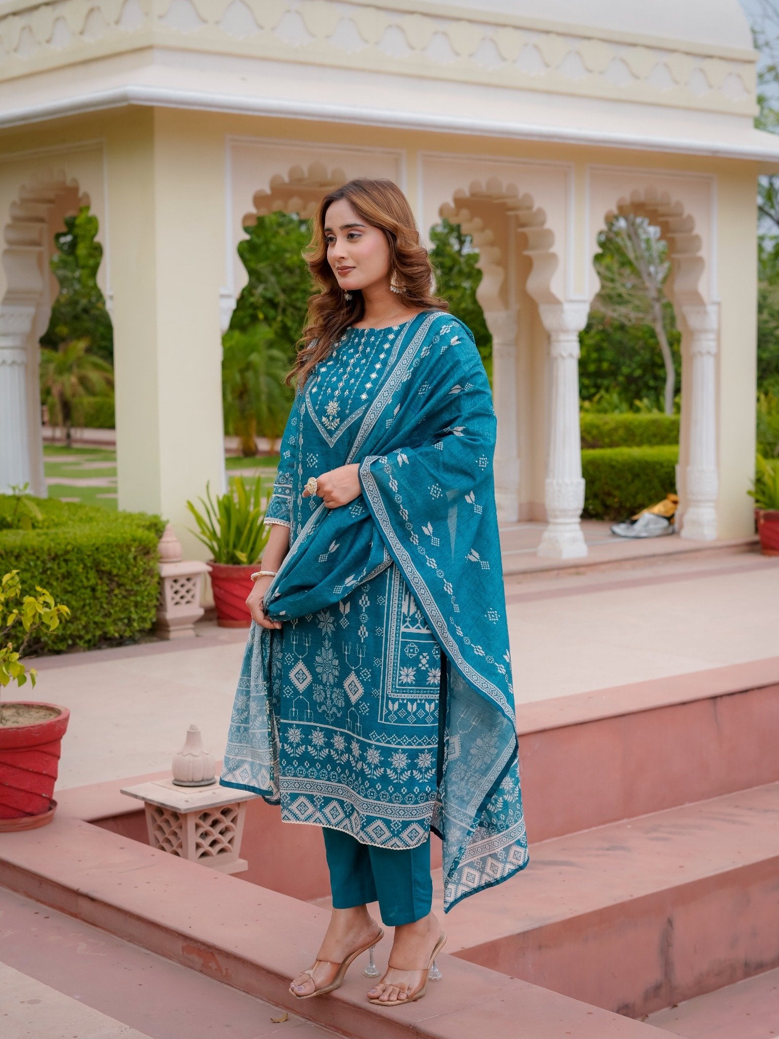 House of Sdaa Teal Blue Printed Kurta Set ,HSDAASKBC000004