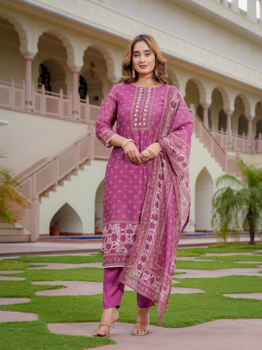 House of Sdaa Floral Printed Kurta Set. HSDAASKBC000001 Muted Purple