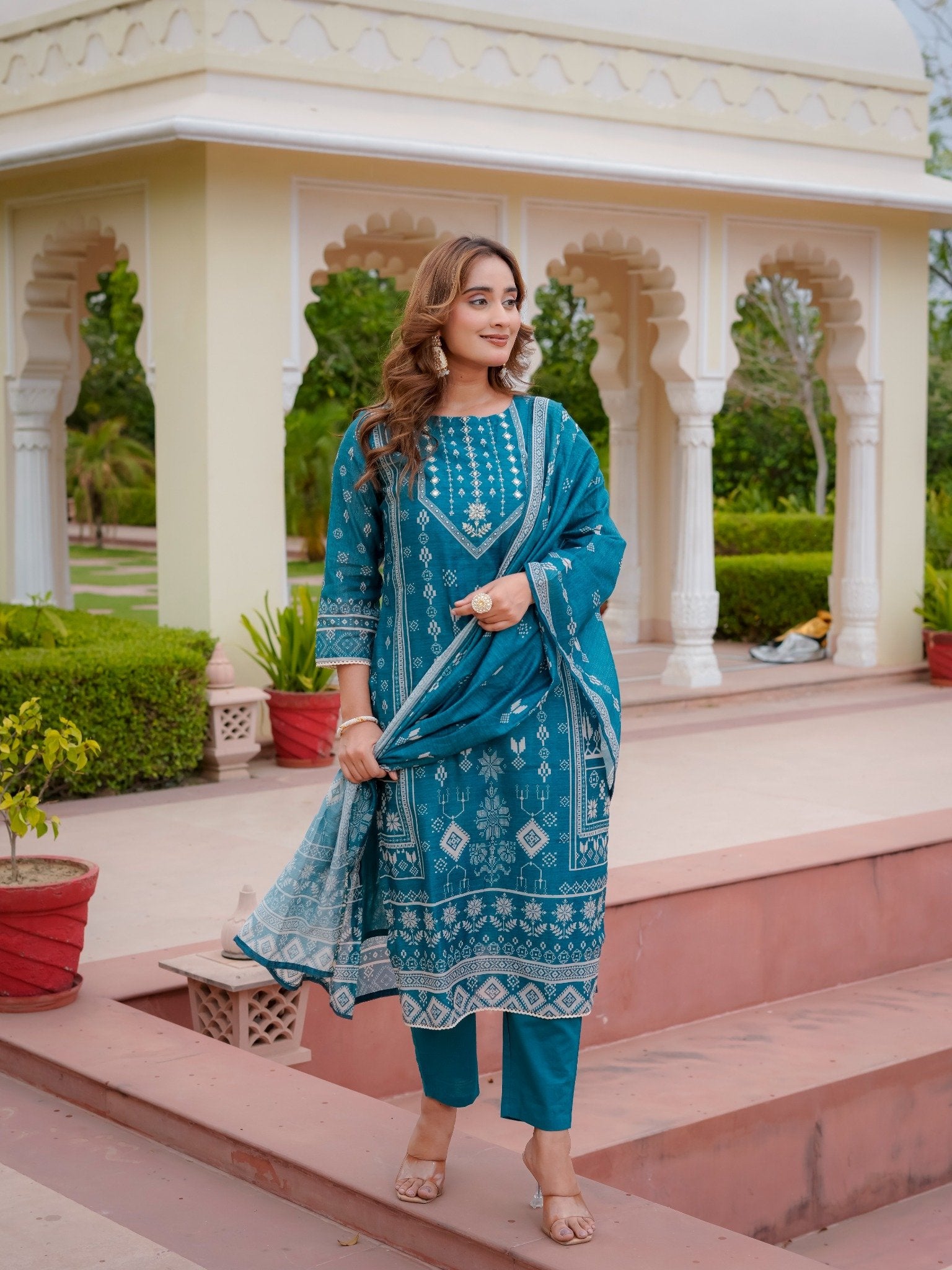House of Sdaa Teal Blue Printed Kurta Set ,HSDAASKBC000004