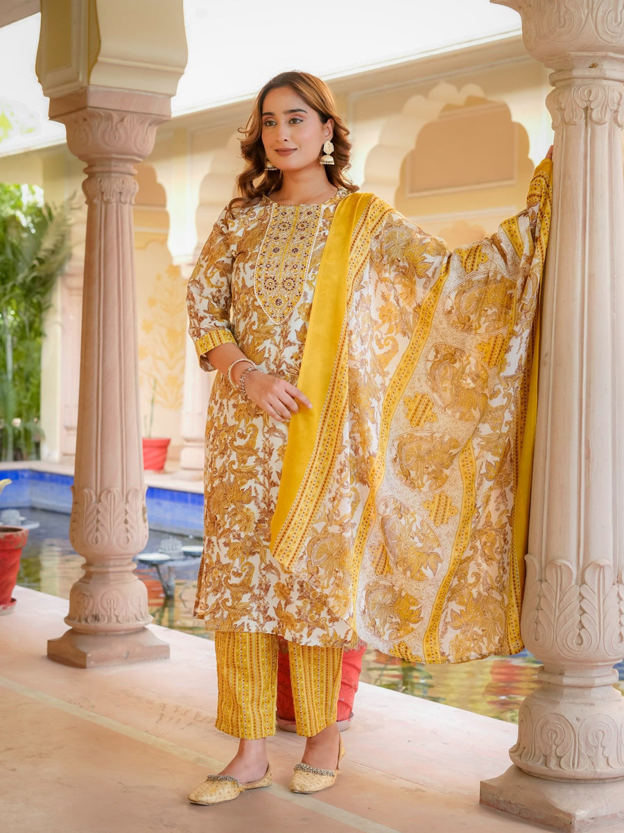 House of Sdaa Mustard Floral Printed Kurta Set,  HSDAASKMLSK000002