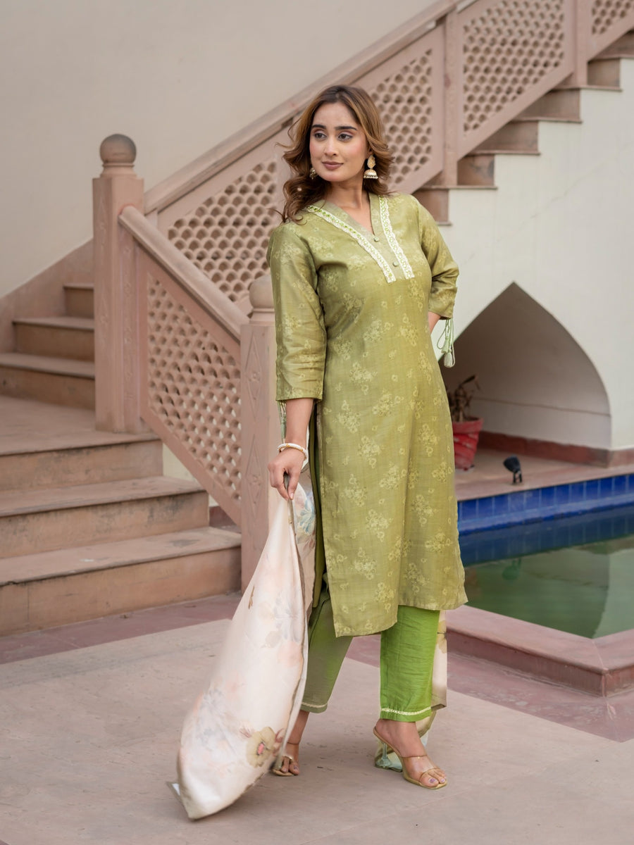 Houseofsdaa Sage Green Embroidered Kurta Set. HSDAAMLSK000018