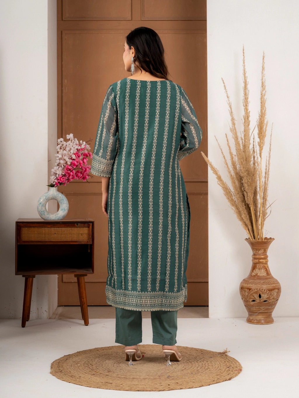 Teal Green Printed Chanderi Silk Suit Set with Dupatta