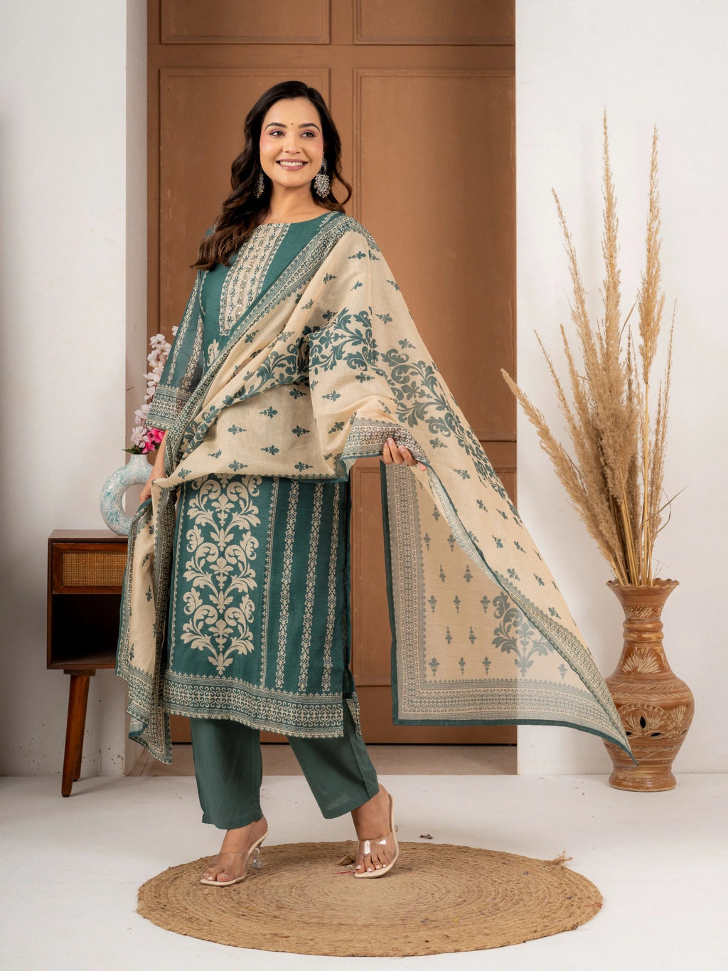 Teal Green Printed Chanderi Silk Suit Set with Dupatta