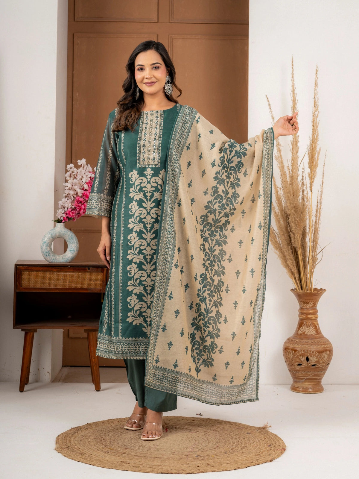 Teal Green Printed Chanderi Silk Suit Set with Dupatta