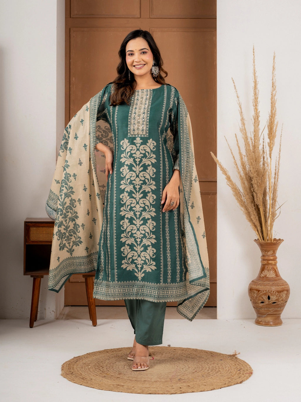 Teal Green Printed Chanderi Silk Suit Set with Dupatta