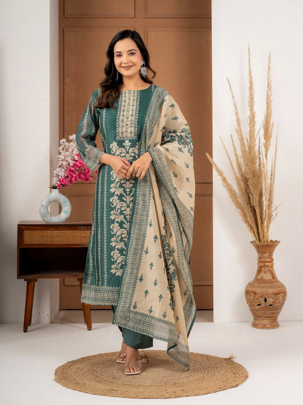 Teal Green Printed Chanderi Silk Suit Set with Dupatta