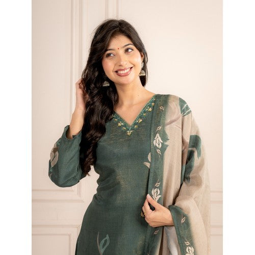 Bottle Green Guchi Silk Suit Set with Beige Floral Dupatta