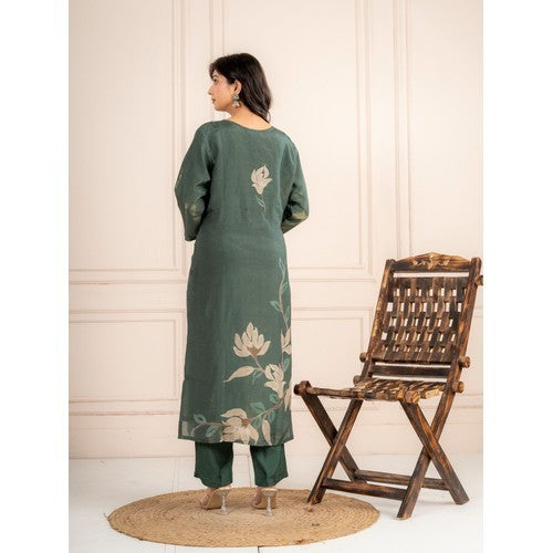 Bottle Green Guchi Silk Suit Set with Beige Floral Dupatta