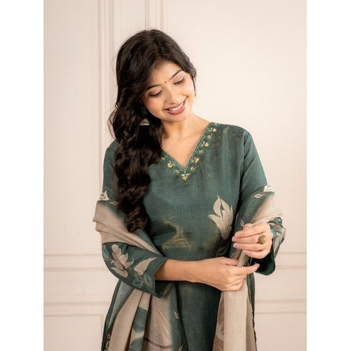 Bottle Green Guchi Silk Suit Set with Beige Floral Dupatta