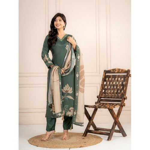 Bottle Green Guchi Silk Suit Set with Beige Floral Dupatta