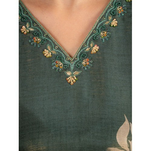 Bottle Green Guchi Silk Suit Set with Beige Floral Dupatta