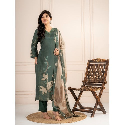 Bottle Green Guchi Silk Suit Set with Beige Floral Dupatta
