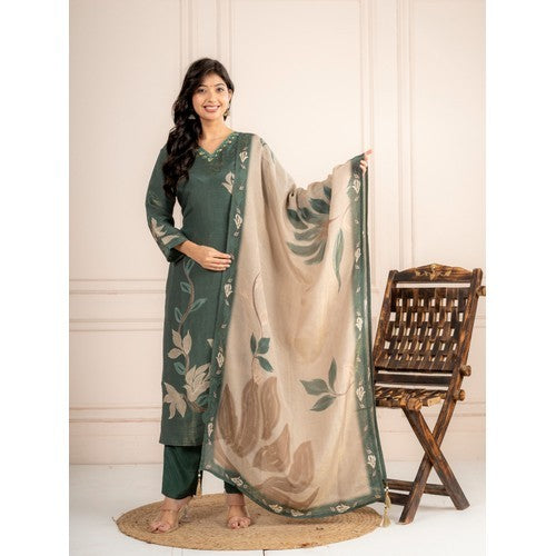 Bottle Green Guchi Silk Suit Set with Beige Floral Dupatta