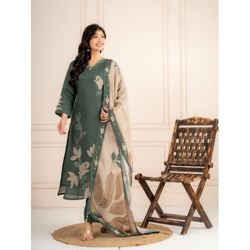 Bottle Green Guchi Silk Suit Set with Beige Floral Dupatta