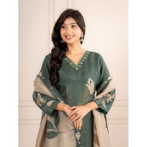 Bottle Green Guchi Silk Suit Set with Beige Floral Dupatta