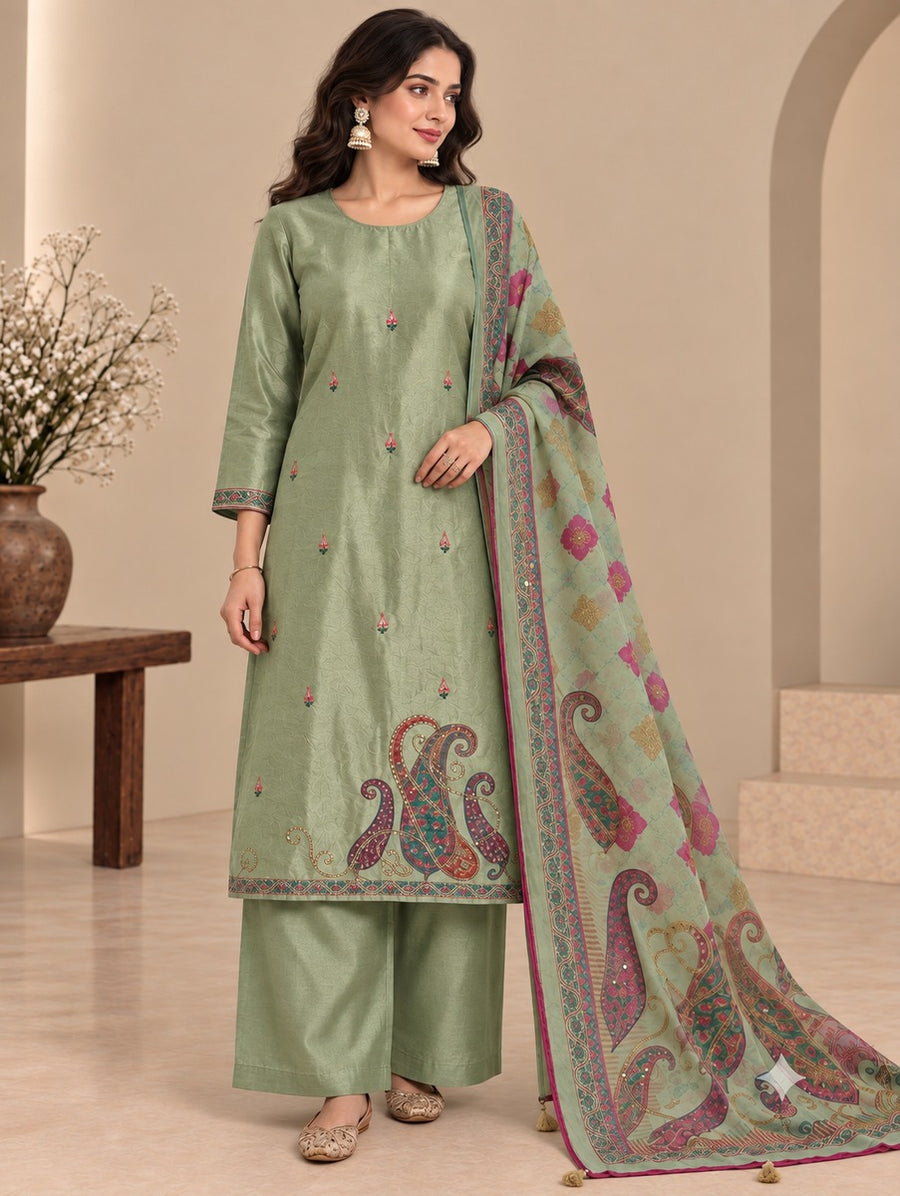 Chanderi Silk Paisley Printed Unstitched Dress Material with Dupatta