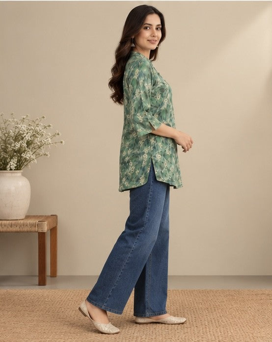 Green Floral Printed Silk Blend Kurti for Women