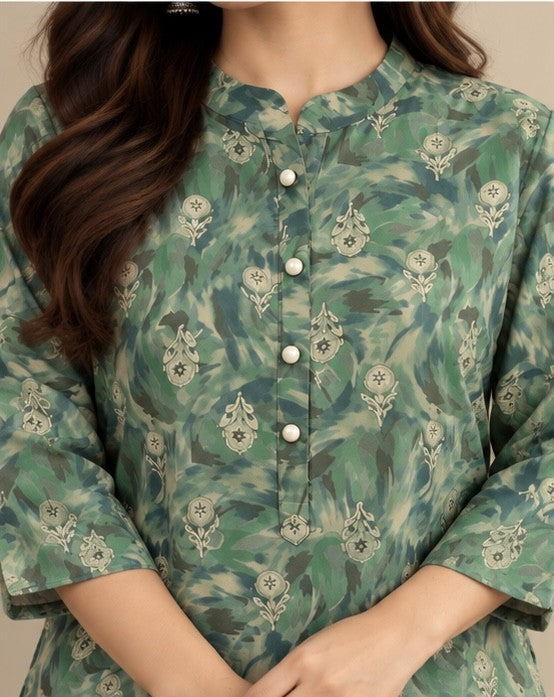 Green Floral Printed Silk Blend Kurti for Women