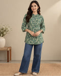 Green Floral Printed Silk Blend Kurti for Women