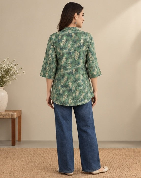 Green Floral Printed Silk Blend Kurti for Women