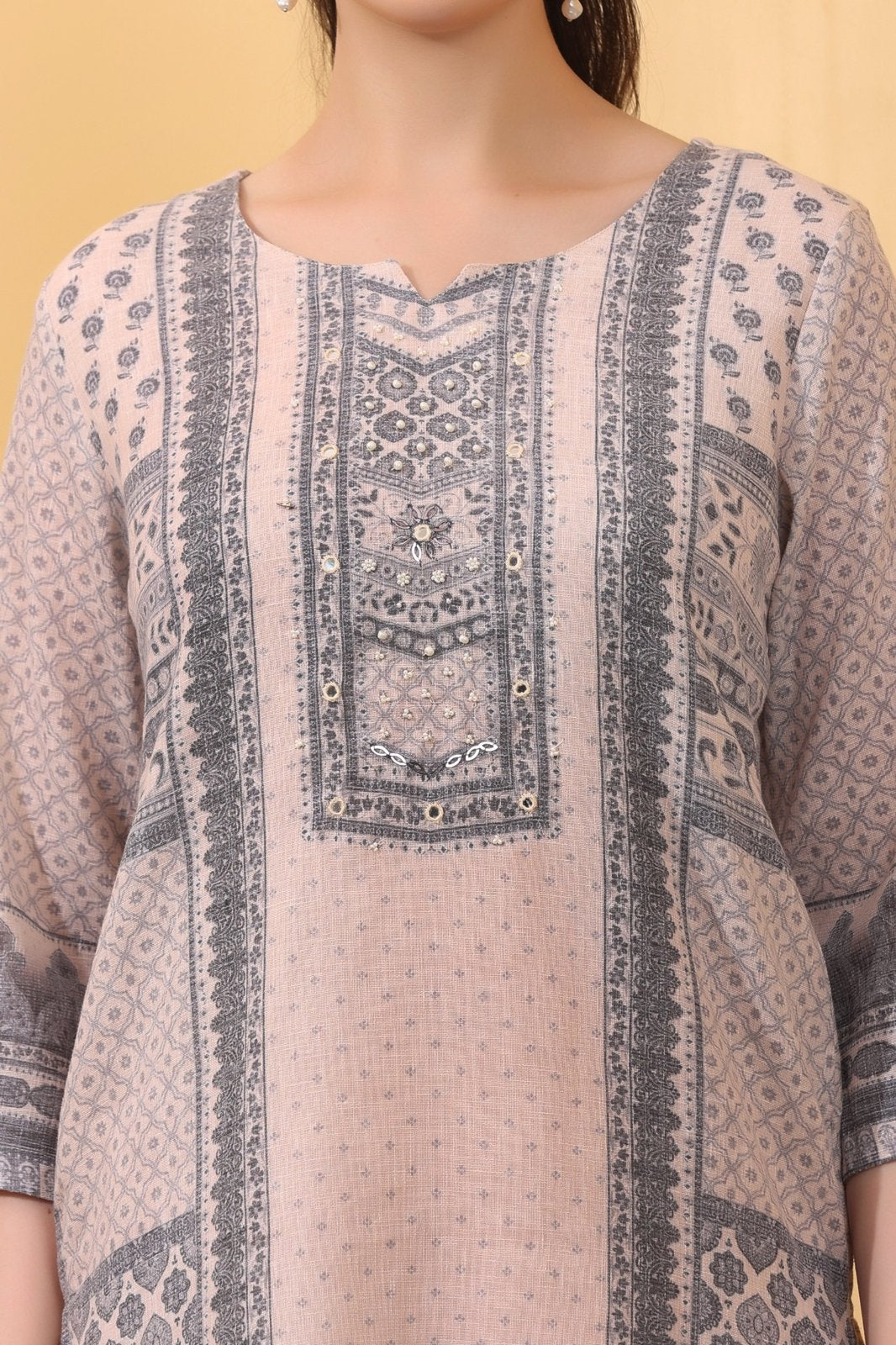 Grey Linen Printed Suit Set with Matching Linen Dupatta