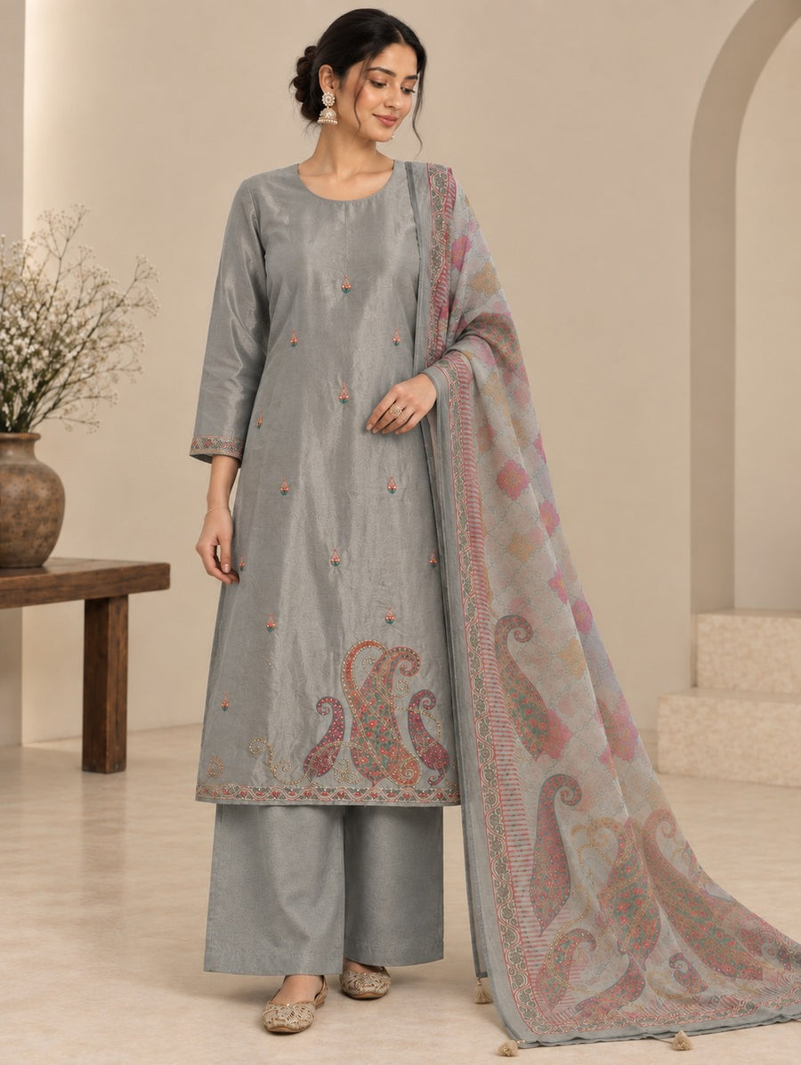Chanderi Silk Paisley Printed Unstitched Dress Material with Dupatta