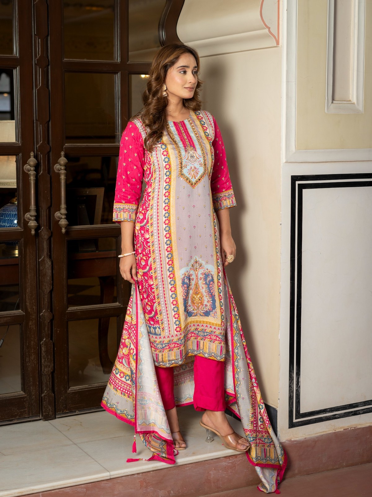 Grey Maslin Printed & Embroidered Suit Set