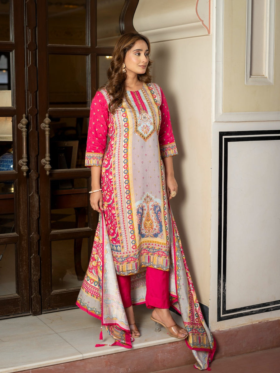 Grey Maslin Printed & Embroidered Suit Set