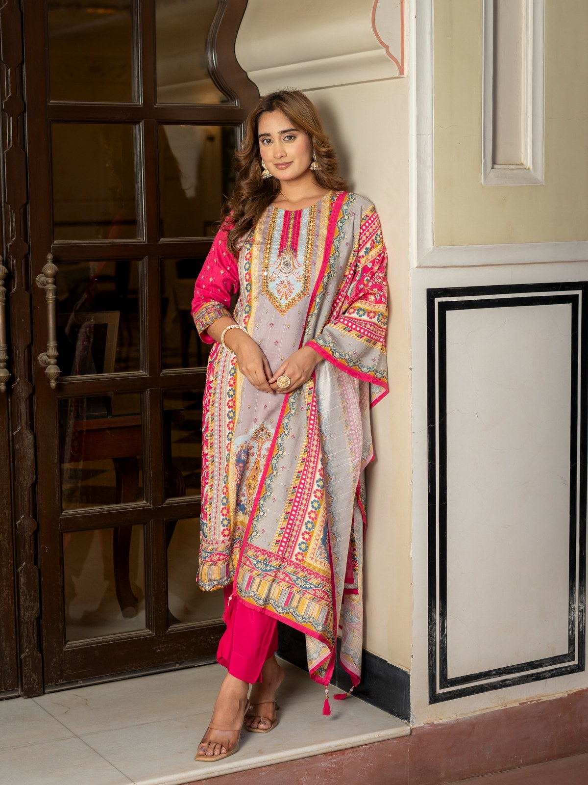 Grey Maslin Printed & Embroidered Suit Set