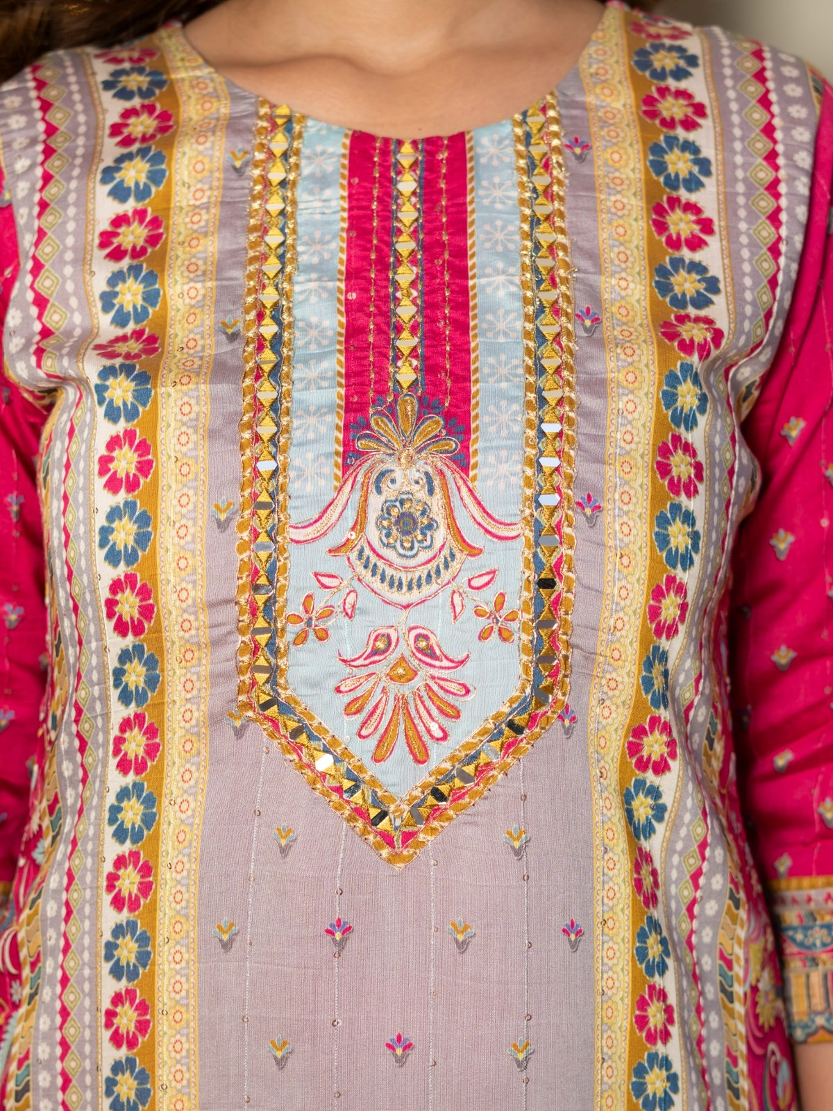 Grey Maslin Printed & Embroidered Suit Set