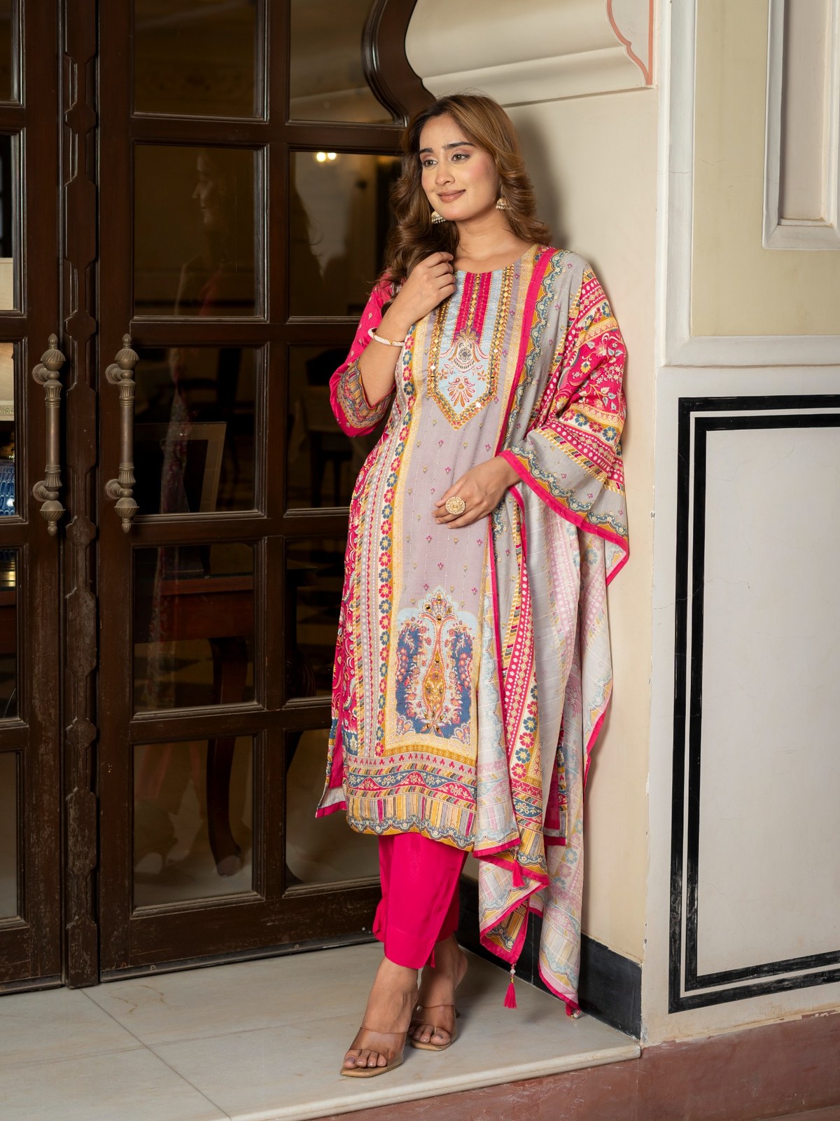 Grey Maslin Printed & Embroidered Suit Set
