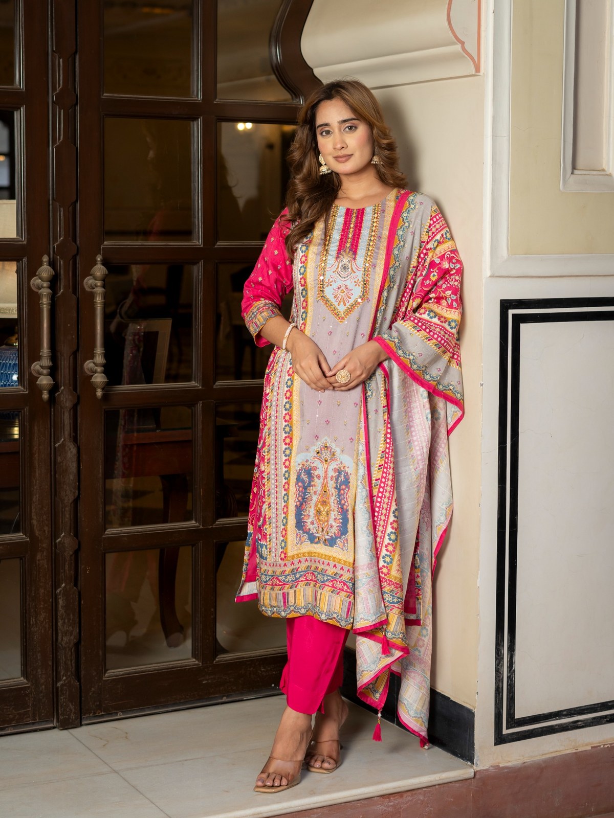 Grey Maslin Printed & Embroidered Suit Set