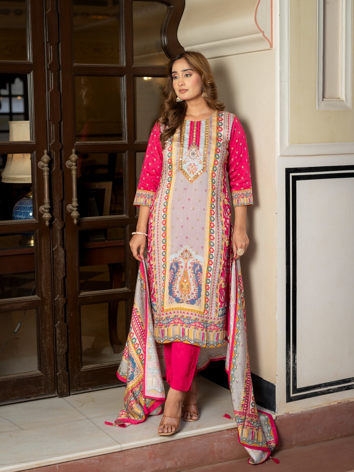 Grey Maslin Printed & Embroidered Suit Set