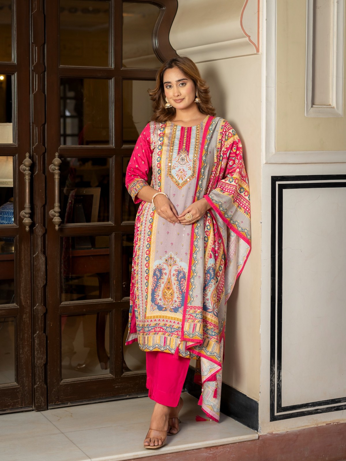 Grey Maslin Printed & Embroidered Suit Set