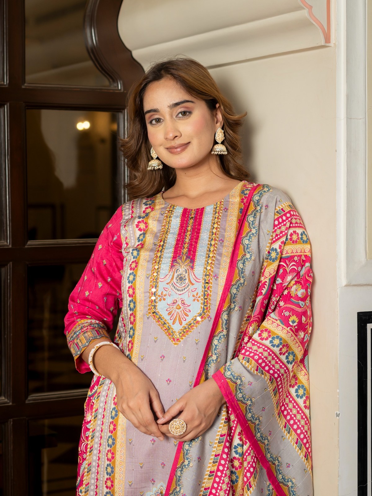 Grey Maslin Printed & Embroidered Suit Set