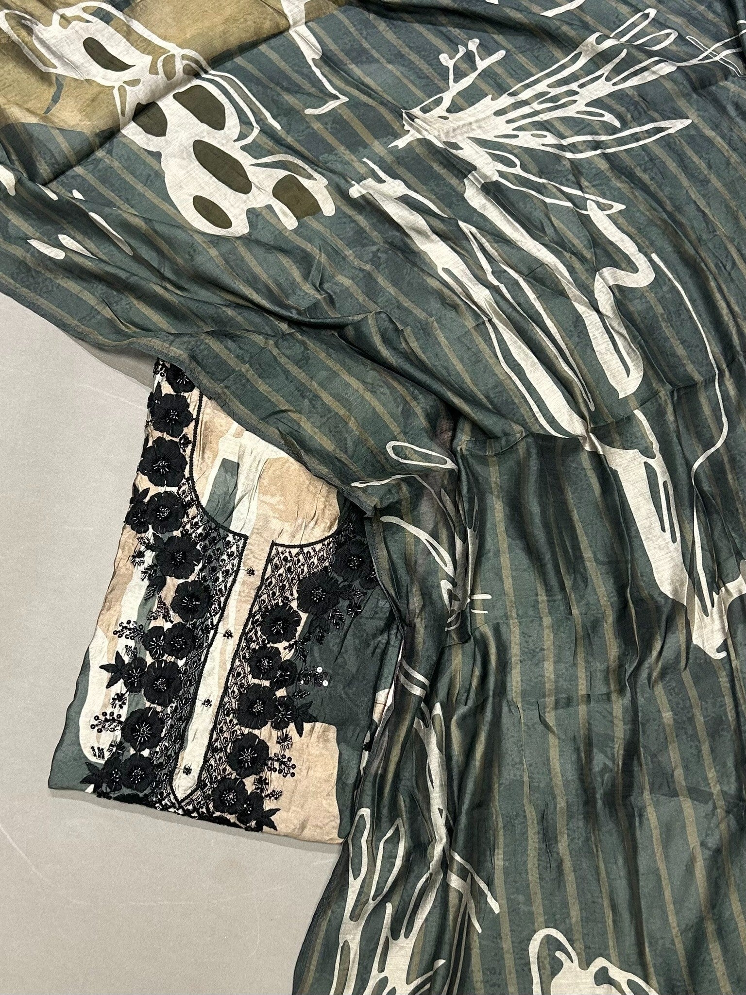 Forest Green Muslin Printed & Embroidered Unstitched Suit Material