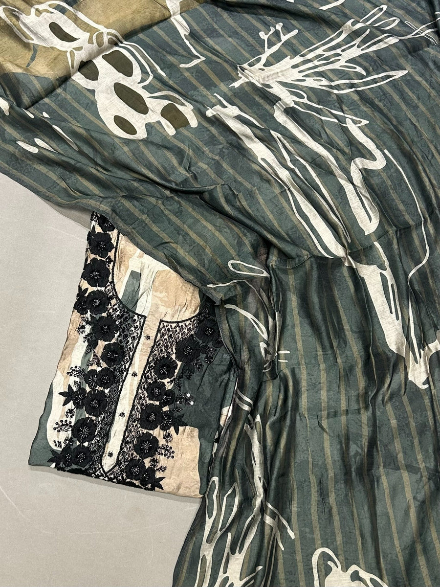 Forest Green Muslin Printed & Embroidered Unstitched Suit Material