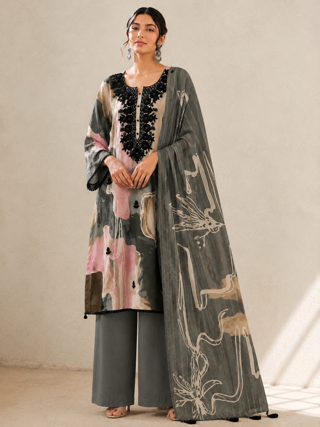 Forest Green Muslin Printed & Embroidered Unstitched Suit Material