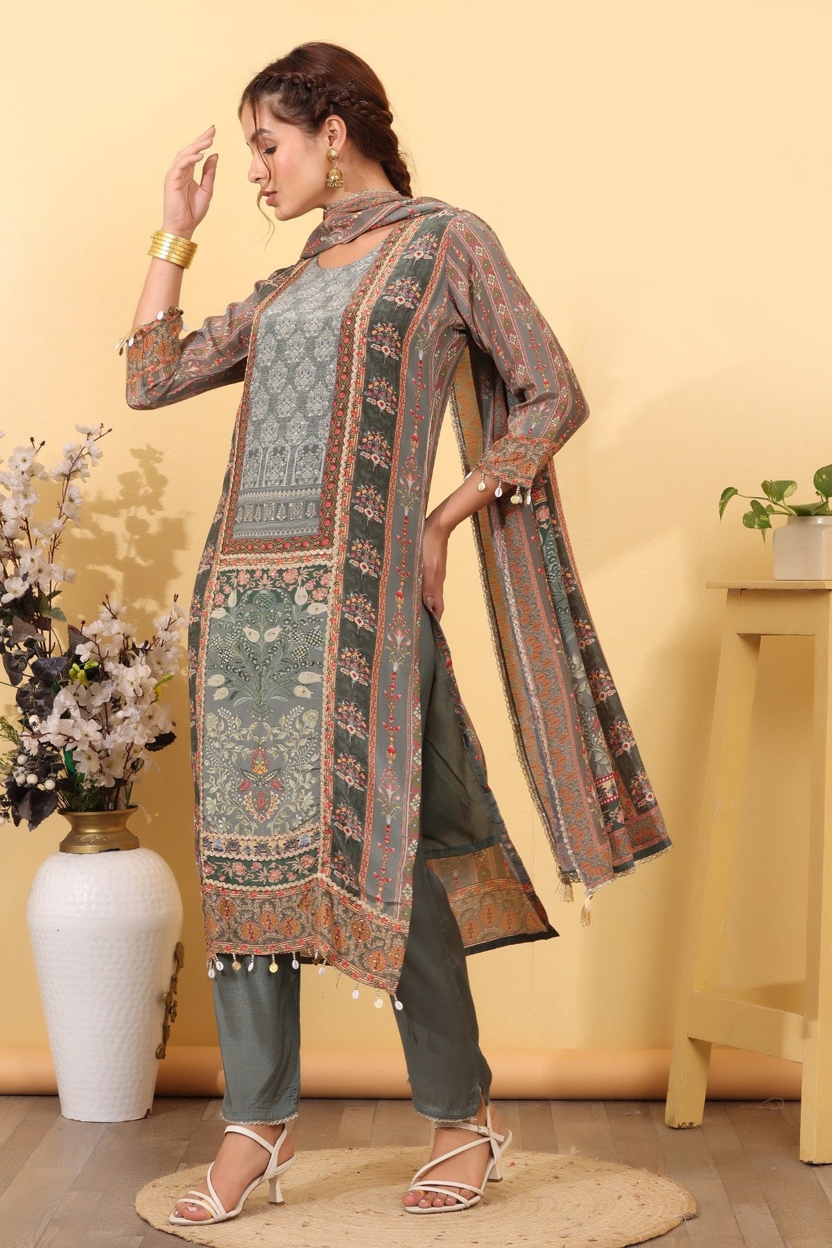 Ocean Blue Silk Blend Printed & Embroidered Suit Set