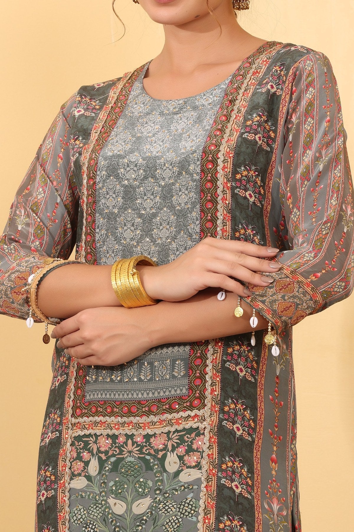 Ocean Blue Silk Blend Printed & Embroidered Suit Set