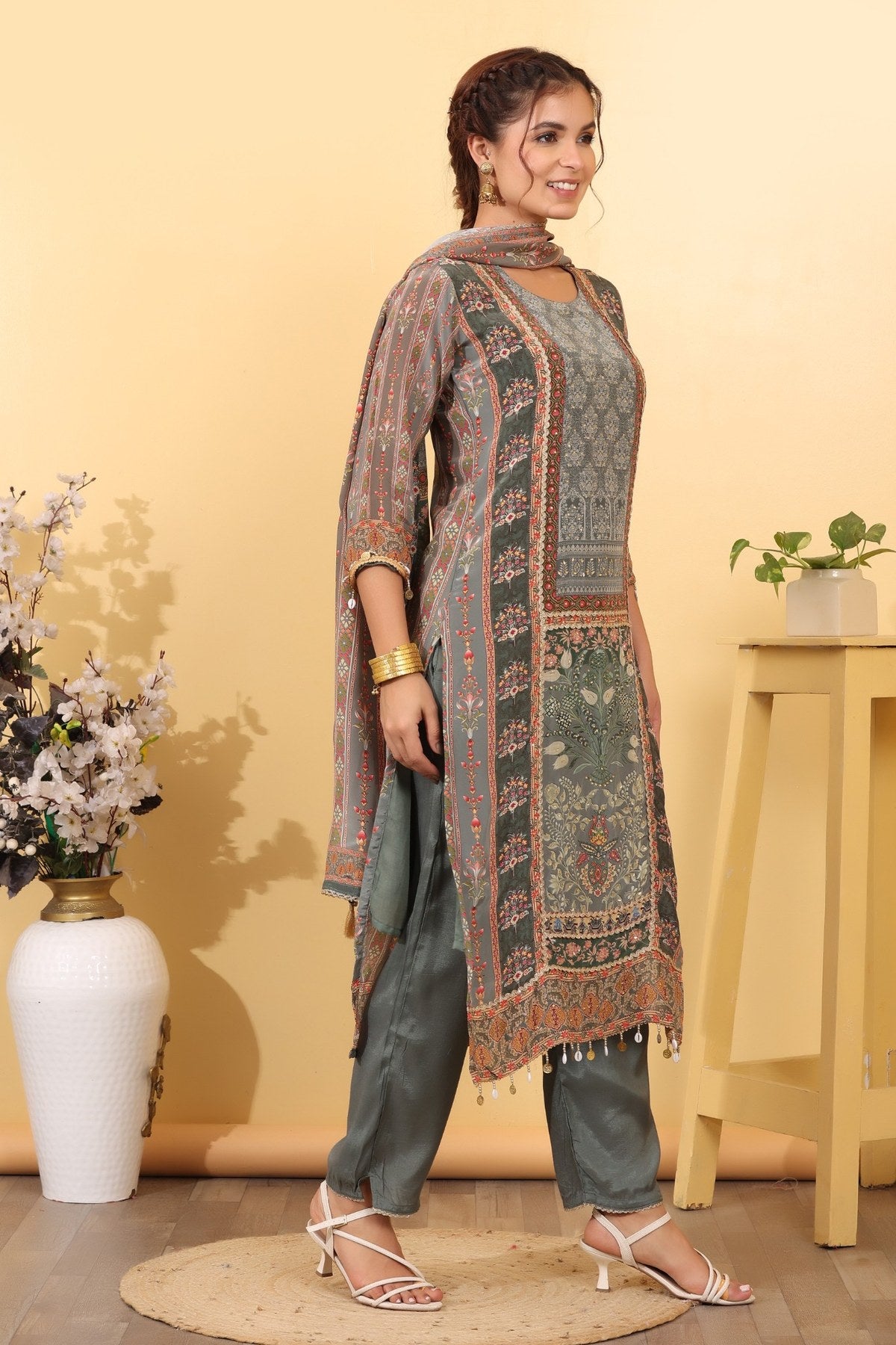 Ocean Blue Silk Blend Printed & Embroidered Suit Set