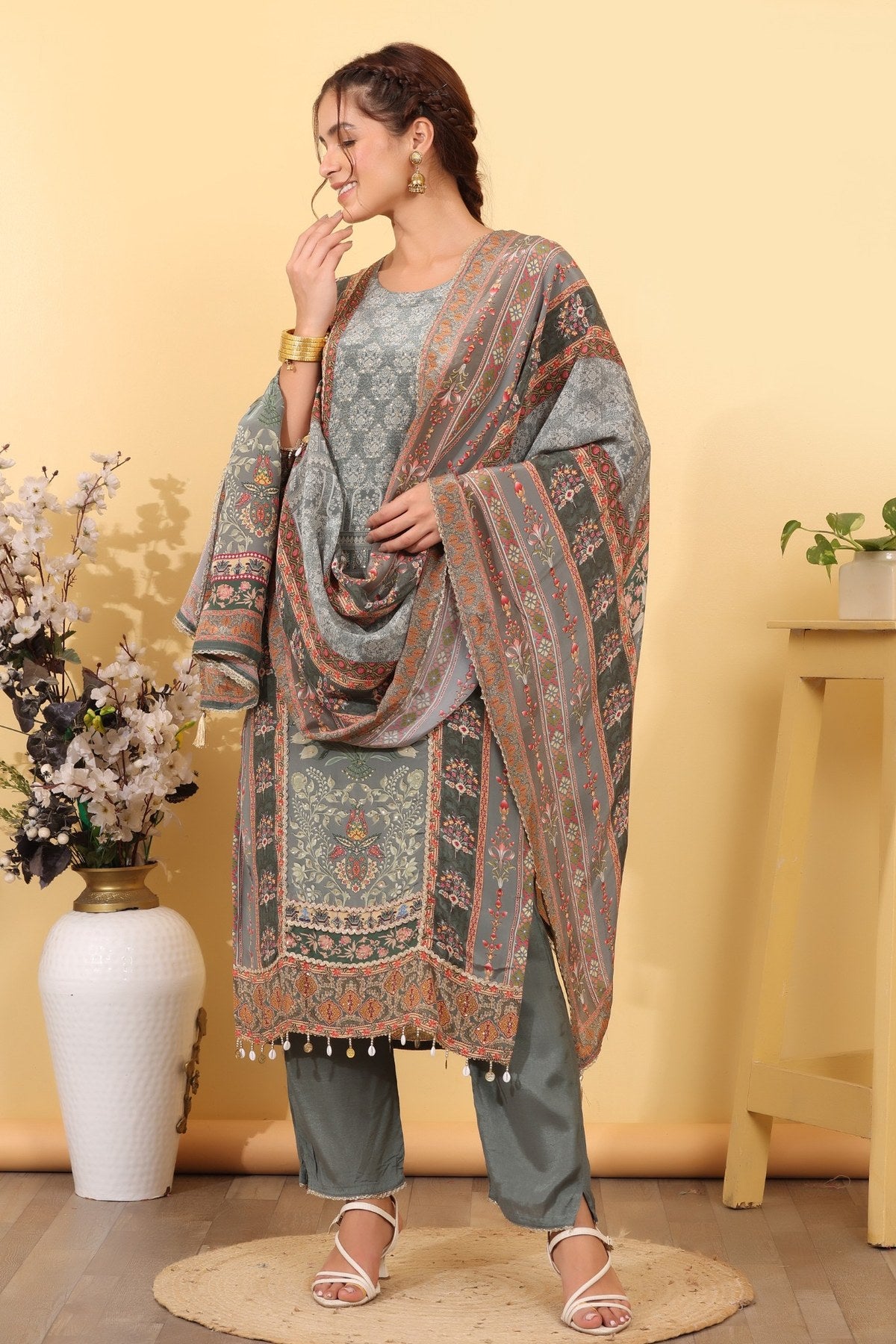 Ocean Blue Silk Blend Printed & Embroidered Suit Set