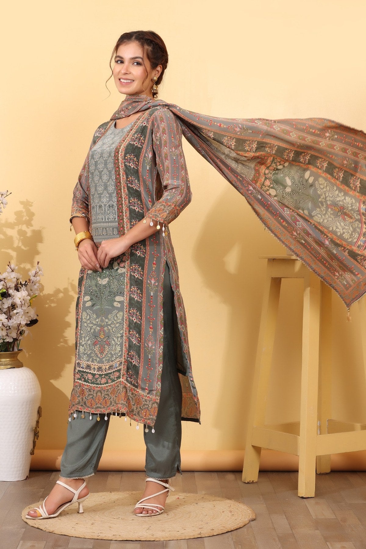 Ocean Blue Silk Blend Printed & Embroidered Suit Set