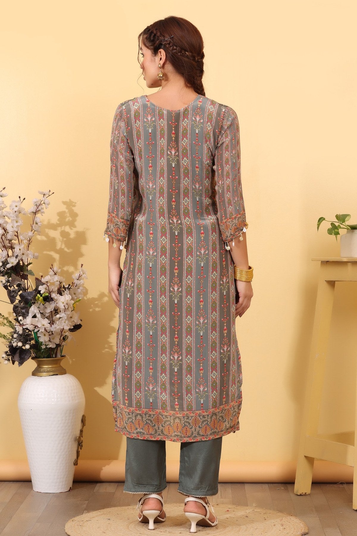 Ocean Blue Silk Blend Printed & Embroidered Suit Set