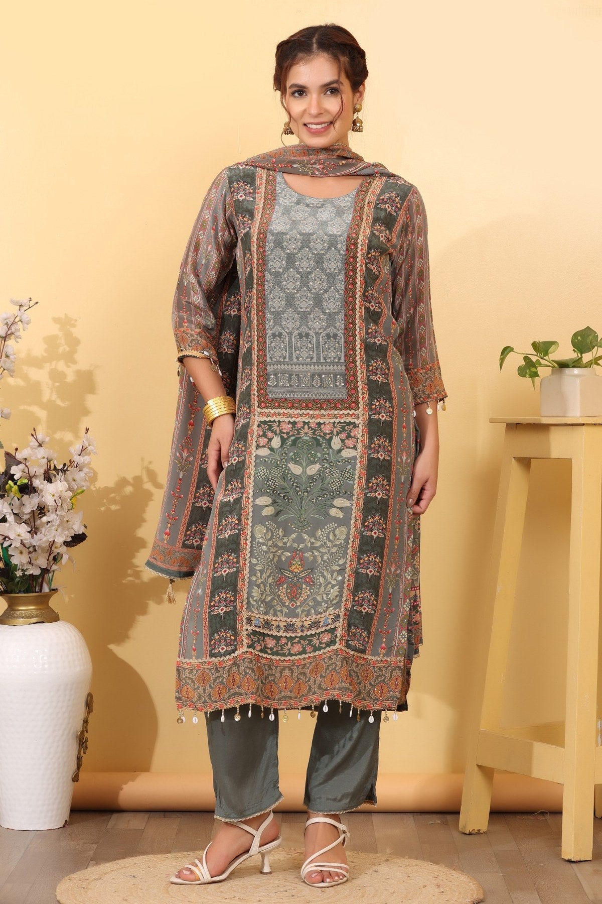 Ocean Blue Silk Blend Printed & Embroidered Suit Set