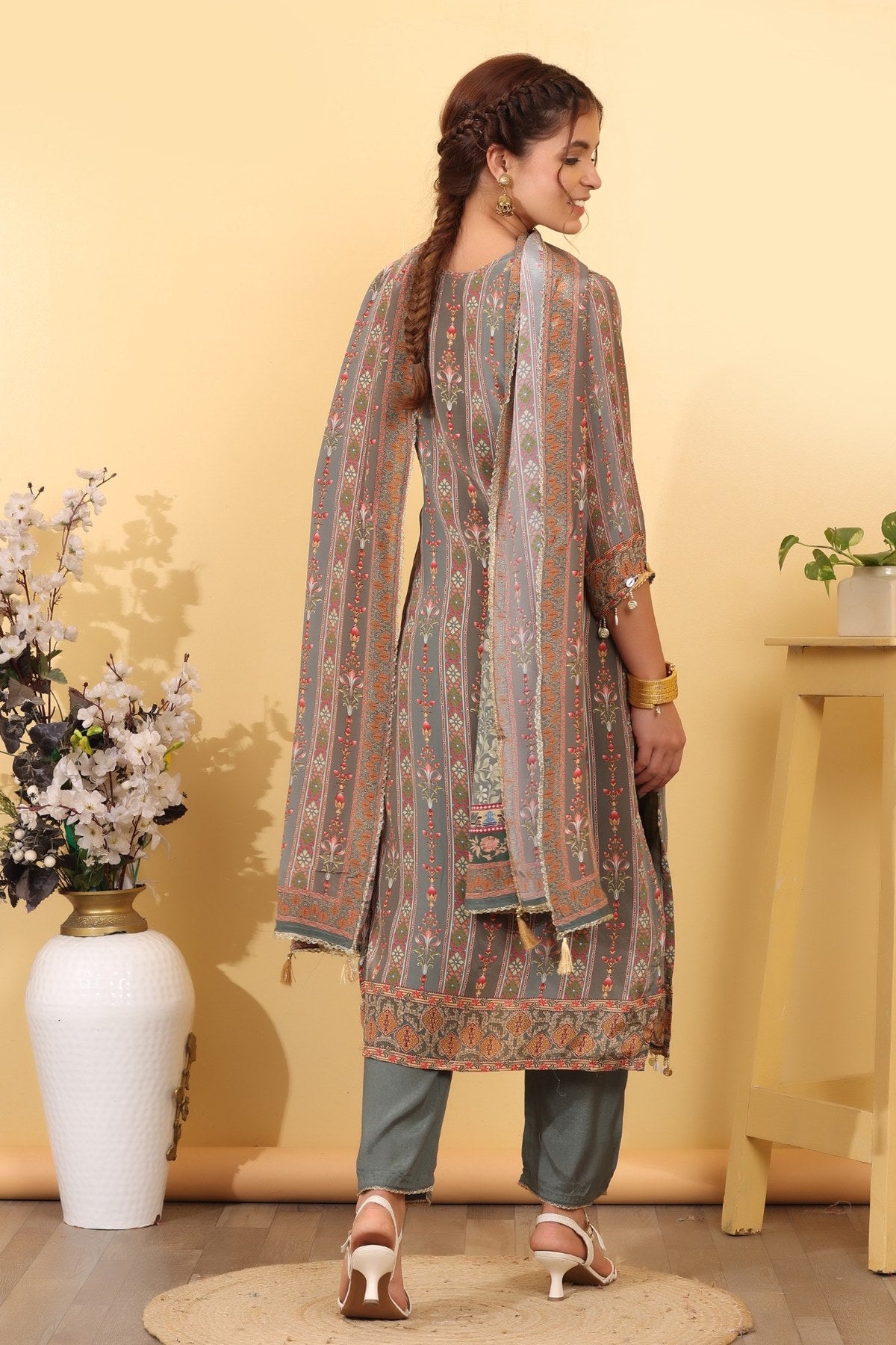 Ocean Blue Silk Blend Printed & Embroidered Suit Set