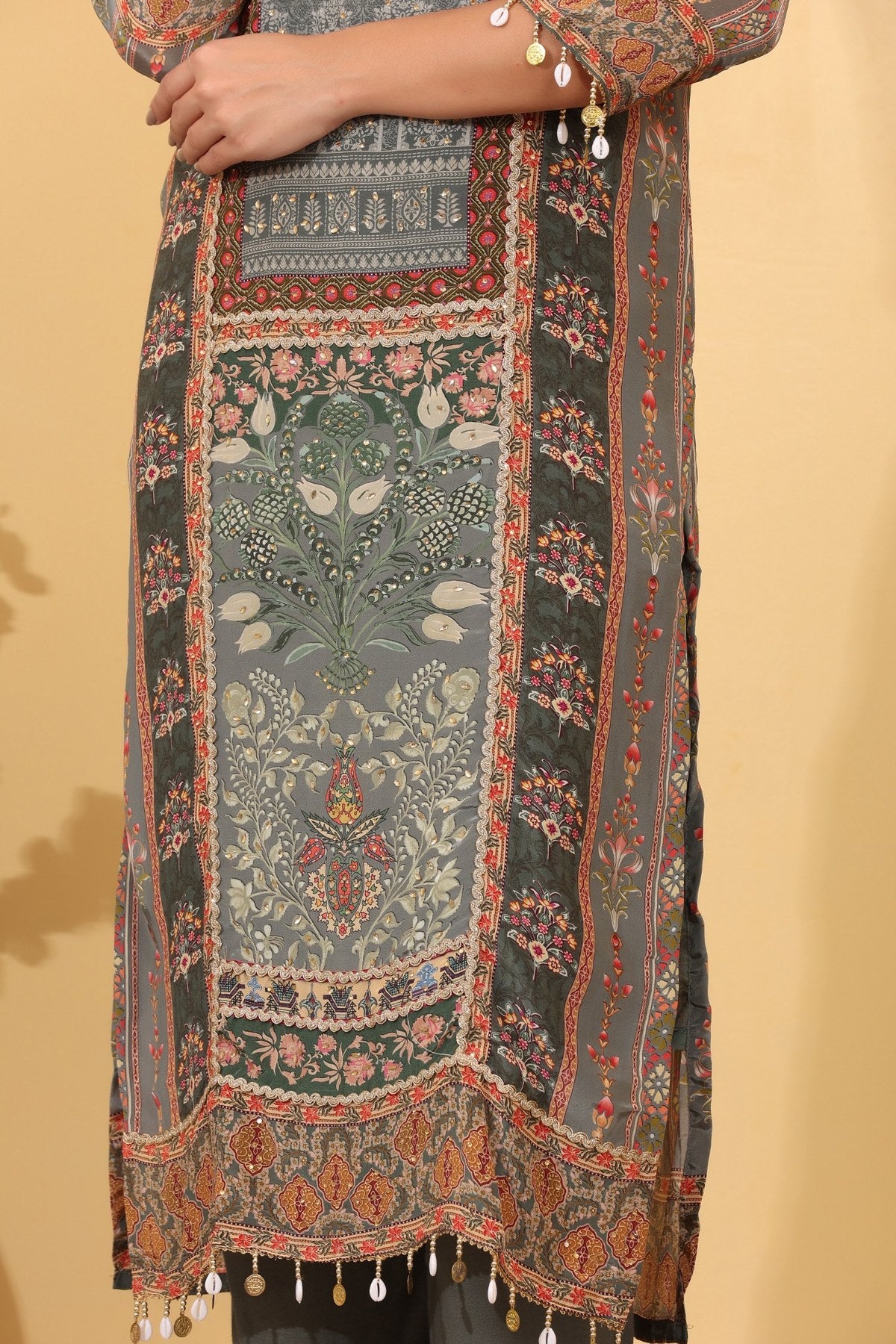Ocean Blue Silk Blend Printed & Embroidered Suit Set