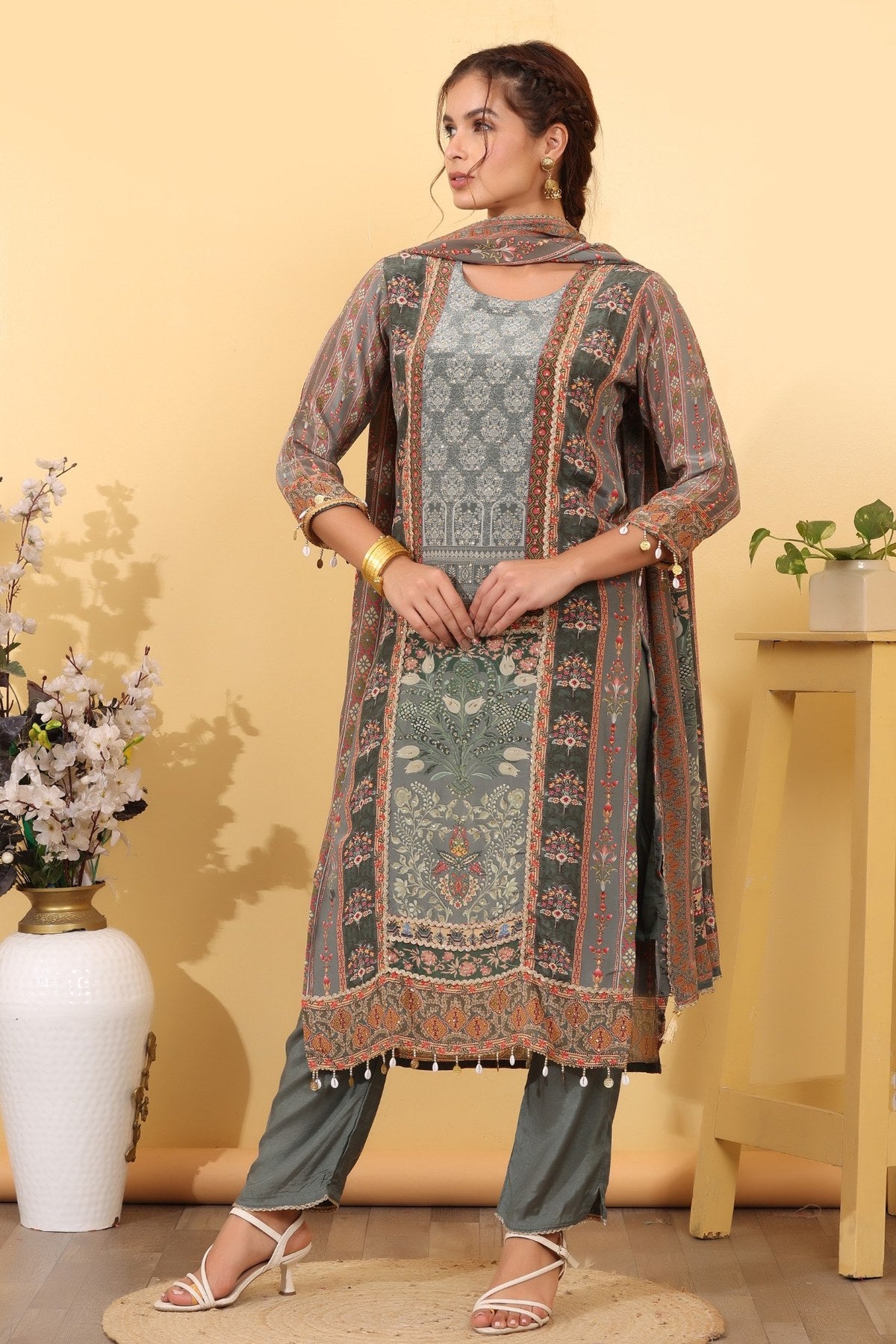 Ocean Blue Silk Blend Printed & Embroidered Suit Set